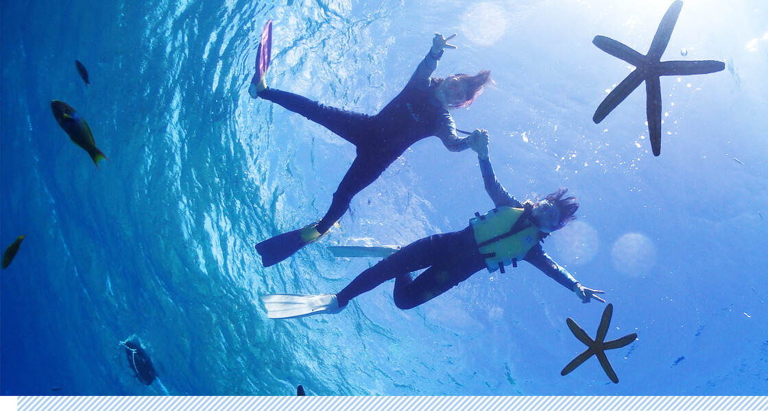 海中で珊瑚やヒトデに囲まれたカップル